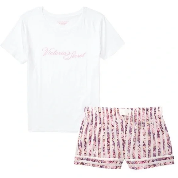NWT Victoria’s Secret Pink Floral Cotton Short Tee Pajamas Set - Picture 4 of 5